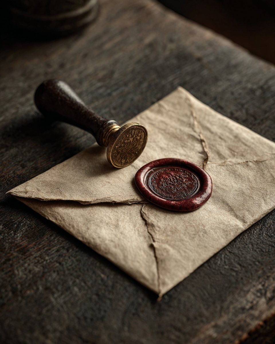Koyu ahşap bir masada, ağzı koyu kırmızı mumla mühürlenmiş krem el yapımı kâğıt; yanında yüzü çevrilmiş, eskimiş pirinç mühür.